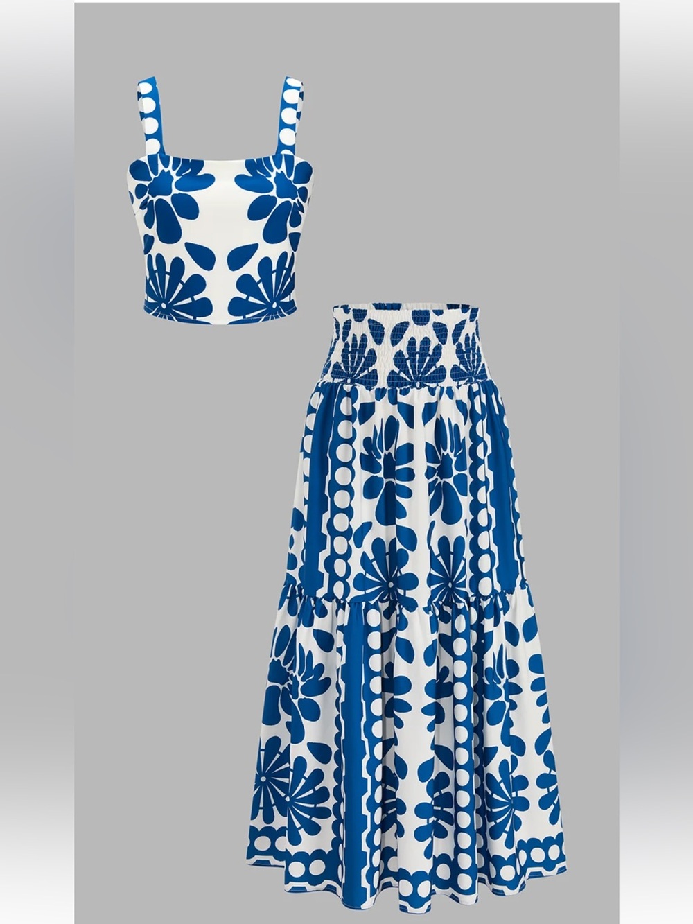 Commense Floral Print Cami Top & Smocked Skirt Set